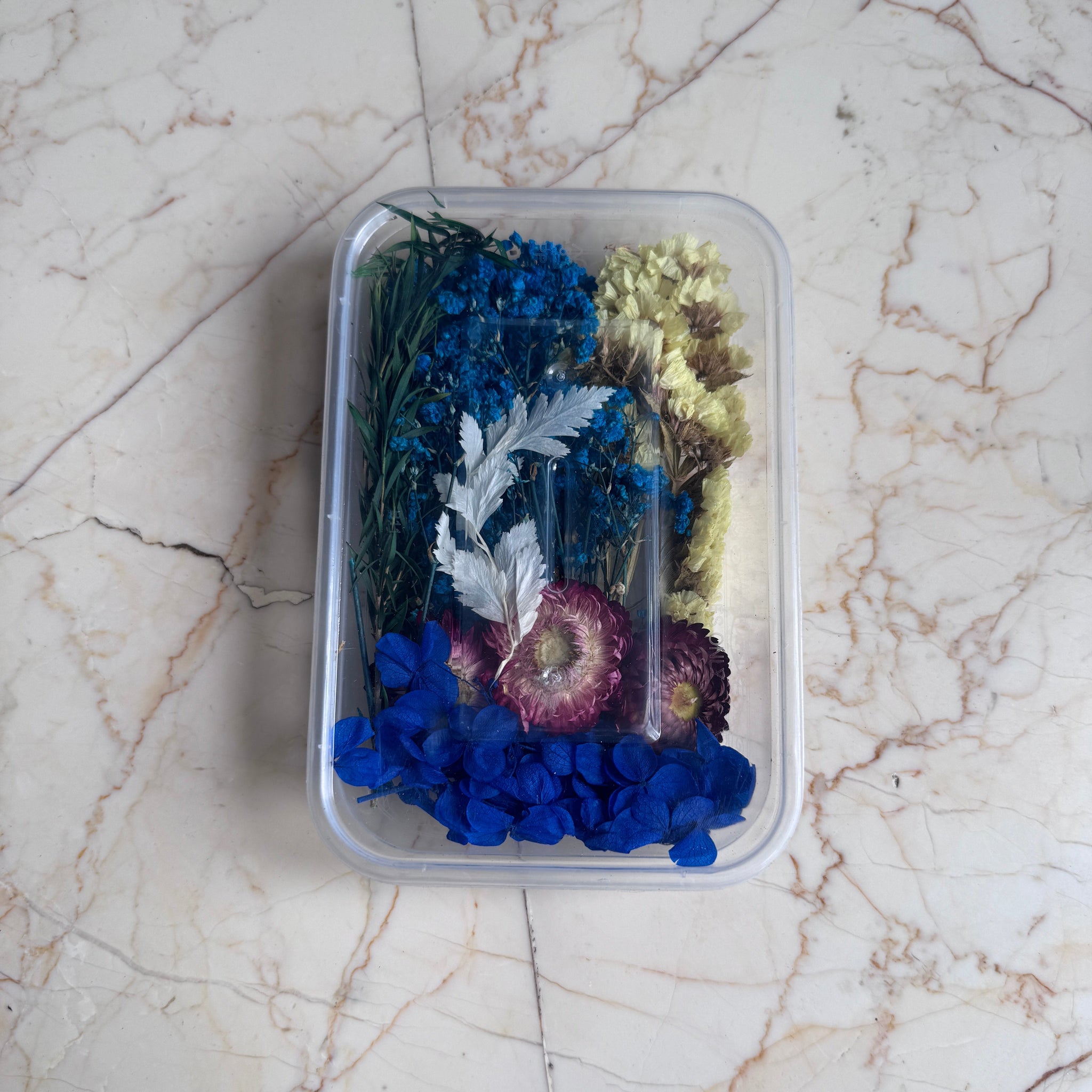 Container with dried flowers on a marble surface