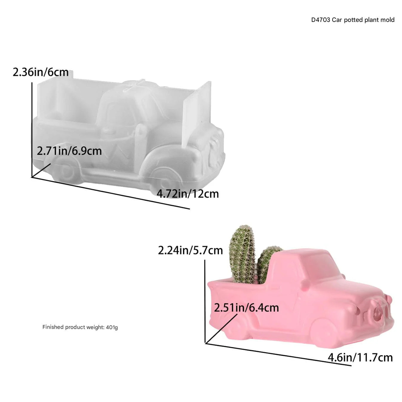 Measurement chart of a pink car-shaped potted plant mold with dimensions labeled.